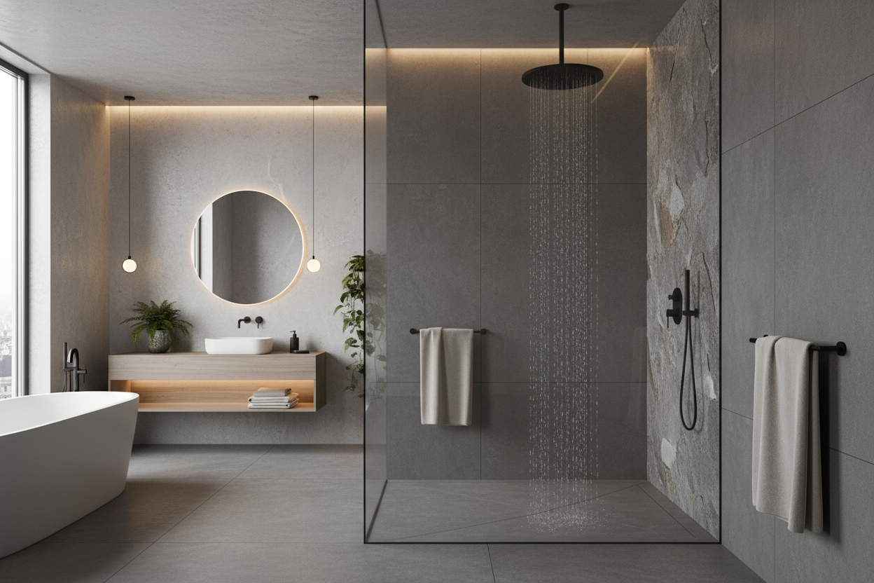 Ein modernes Badezimmer mit Regendusche