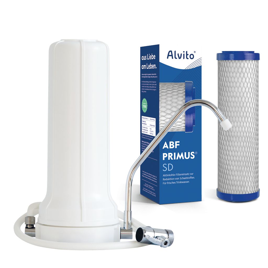 Wasserfilter Set bestehend aus Filtereinsatz ABF Primus SD und Auftischfilter Gehäuse zum Anschluss an den Wasserhahn