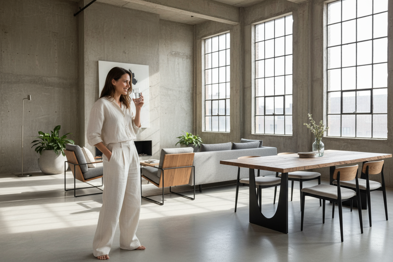 Eine glückliche Frau in ihrem Loft beim trinken aus einem Wasserglas