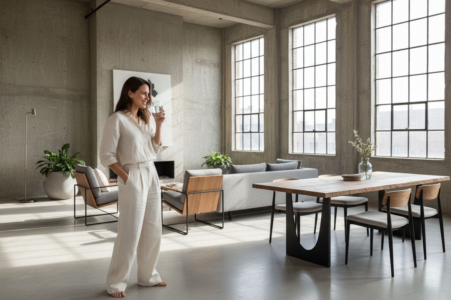 Eine glückliche Frau in ihrem Loft beim trinken aus einem Wasserglas